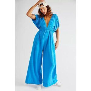 Free People womens blue Irene wide leg Linen Cotton Blend Jumpsuit size XS